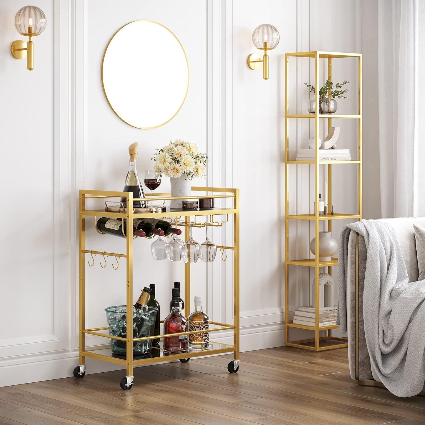 Bar Cart, Serving Cart for Home, Drink Cart, Mobile Kitchen Shelf with Wine Rack and Glass Holder, Rolling Beverage Cart, Gold BC01BB031