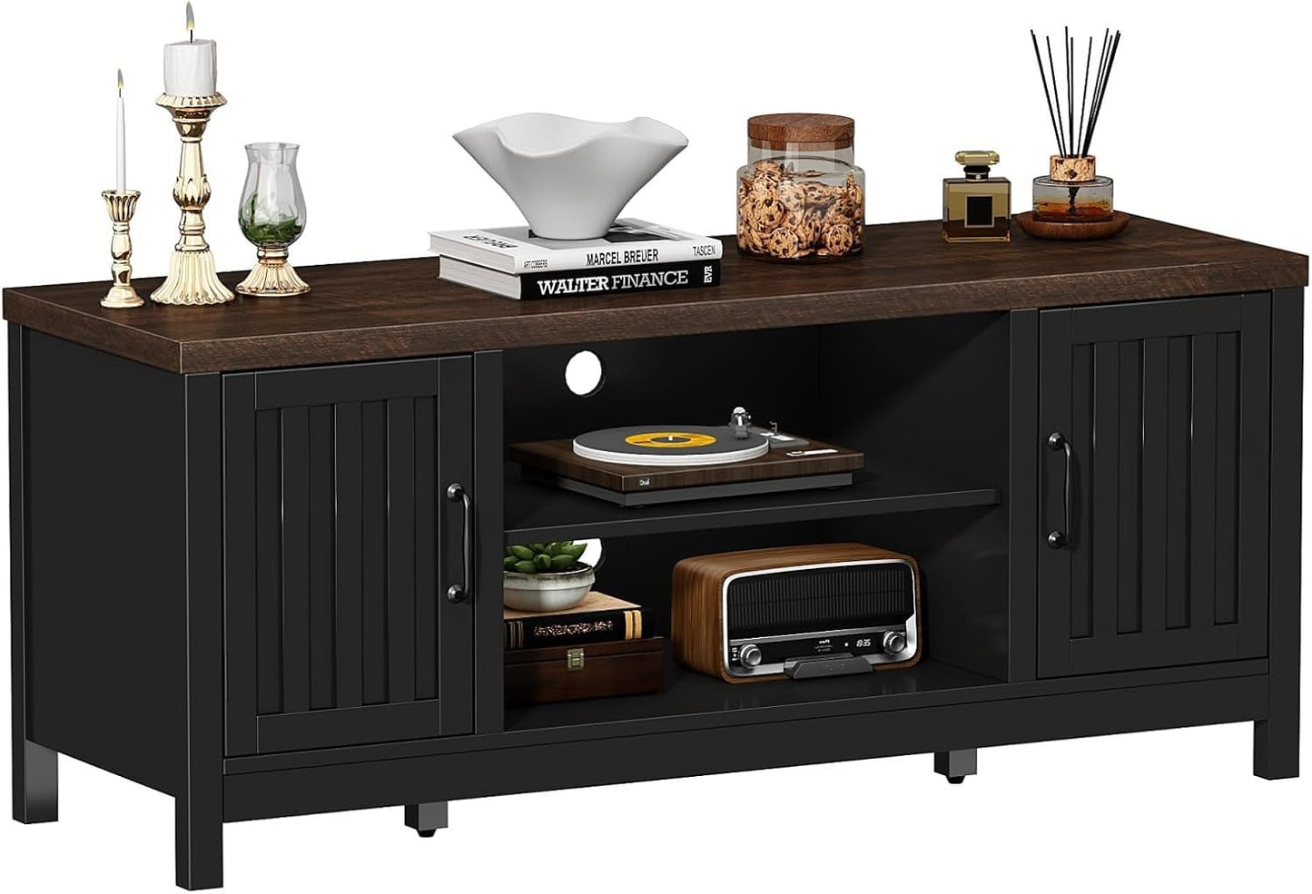Farmhouse TV Stand for Televisions up to 55 Inches, Entertainment Center Console Table Media Furniture with Storage Cabinets and Open Shelves, Fluted Door, for Living Room Bedroom, Black