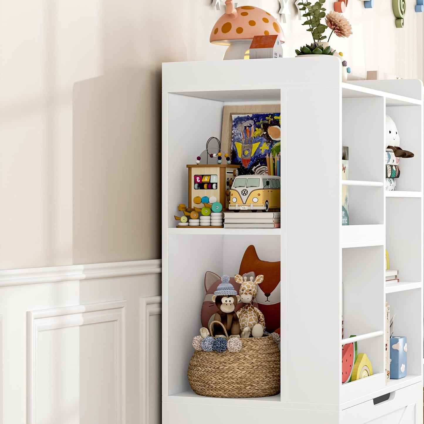 75” W Kids Bookshelf with Reading Nook, Large Toy Storage Toy Organizer with Seat Cushion and 2 Movable Drawers, Kids Reading Nook Kid Bench for Playroom Living Room, White