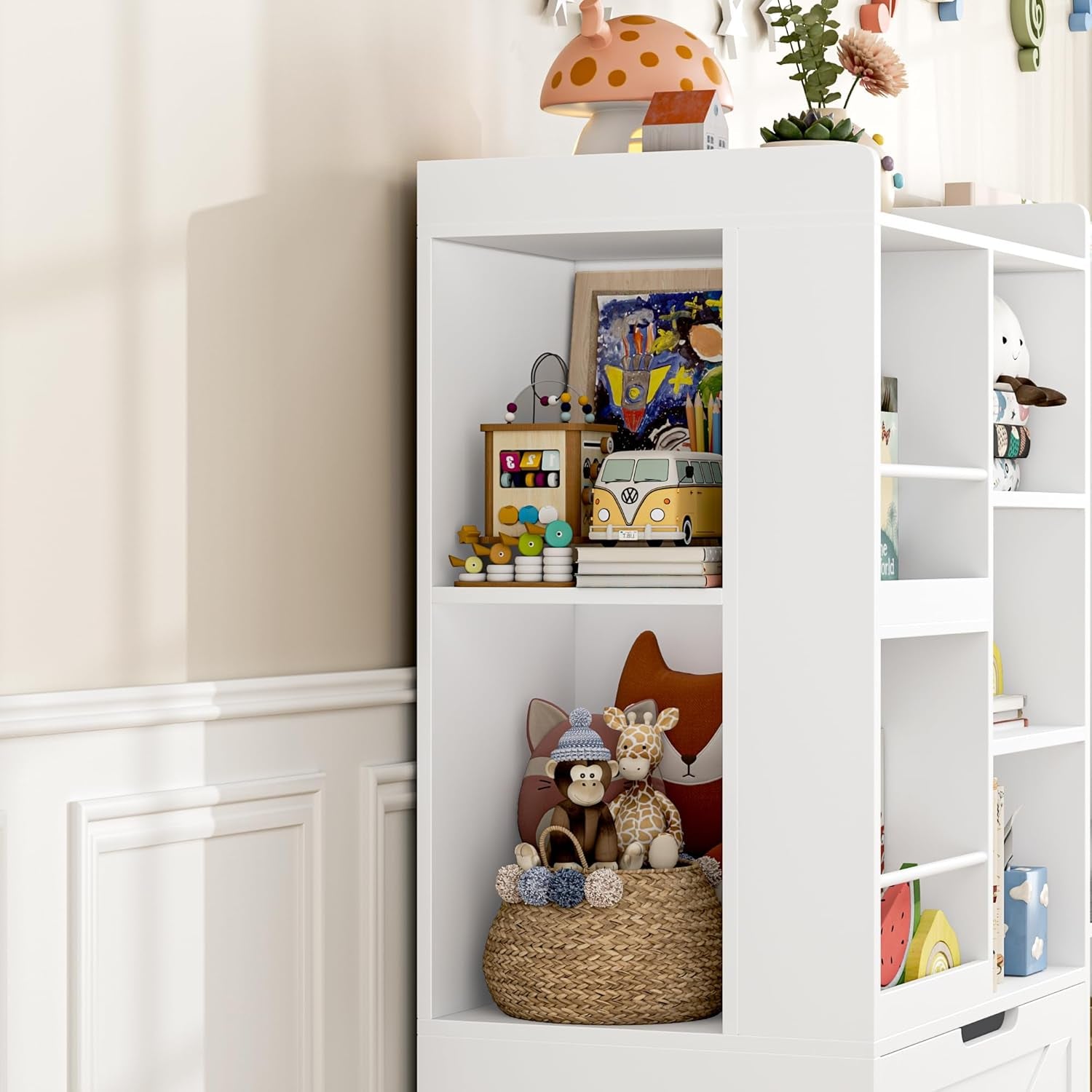 75” W Kids Bookshelf with Reading Nook, Large Toy Storage Toy Organizer with Seat Cushion and 2 Movable Drawers, Kids Reading Nook Kid Bench for Playroom Living Room, White
