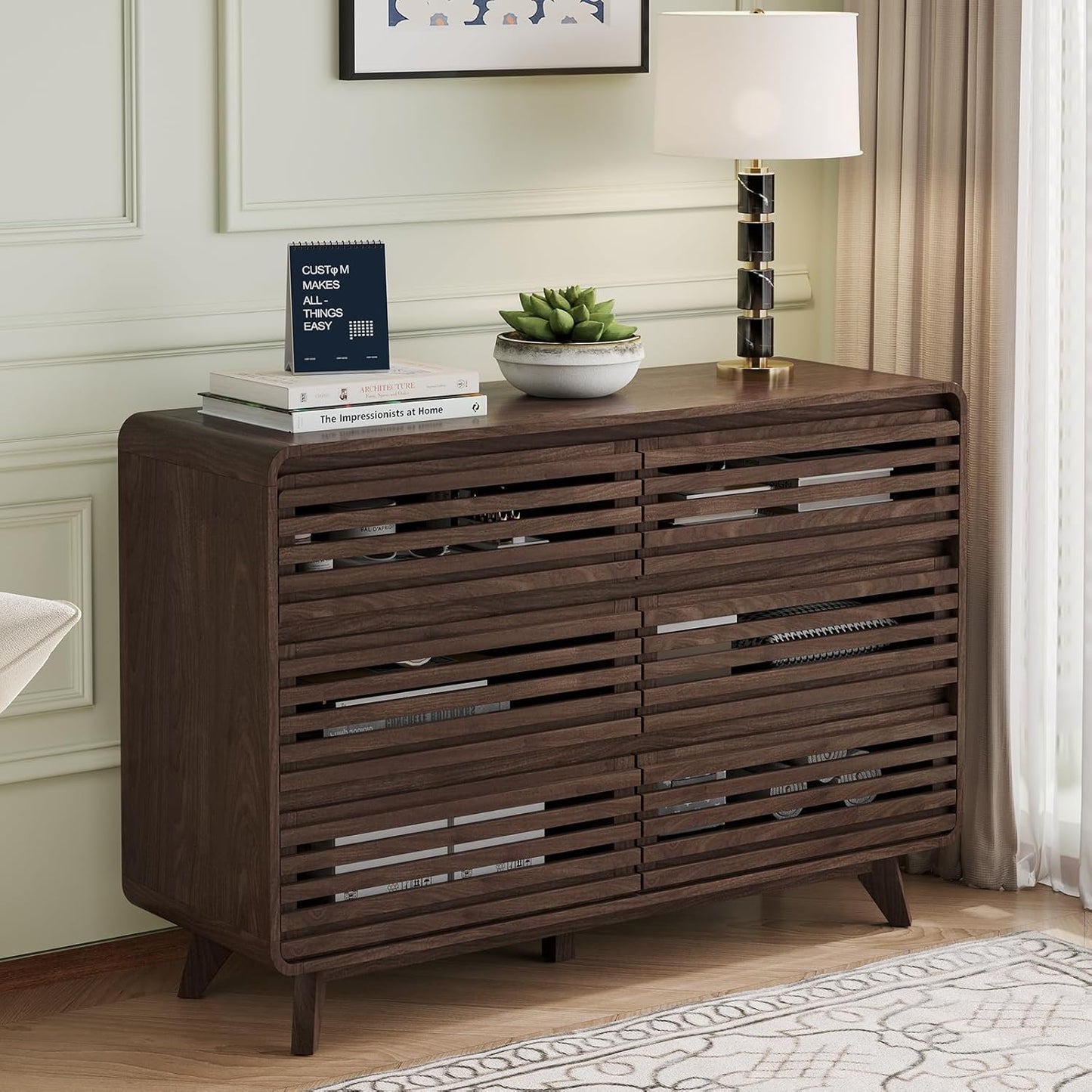 3 Piece Bedroom Set, Dresser and Nightstand Sets, Fluted 6 Drawer Dresser and Nightstand Set of 2, Wood Wide Chest of Drawers Storage Organizer Cabinet Set, Dark Walnut
