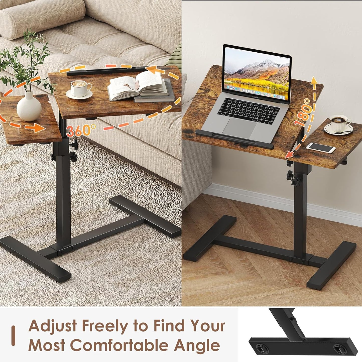 Laptop Desk Bedside Table with Wheels Laptop Stand for Couch Adjustable Tv Tray C End Table, Mobile Sofa Snack Table with Tiltable Top, Brown