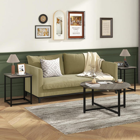 round Nesting Table Set of 3, Farmhouse Coffee Table W/2 End Tables, Sturdy Metal Frame, 3-Piece Wooden Living Room Table Set for Home Office, Apartment (Black Oak)