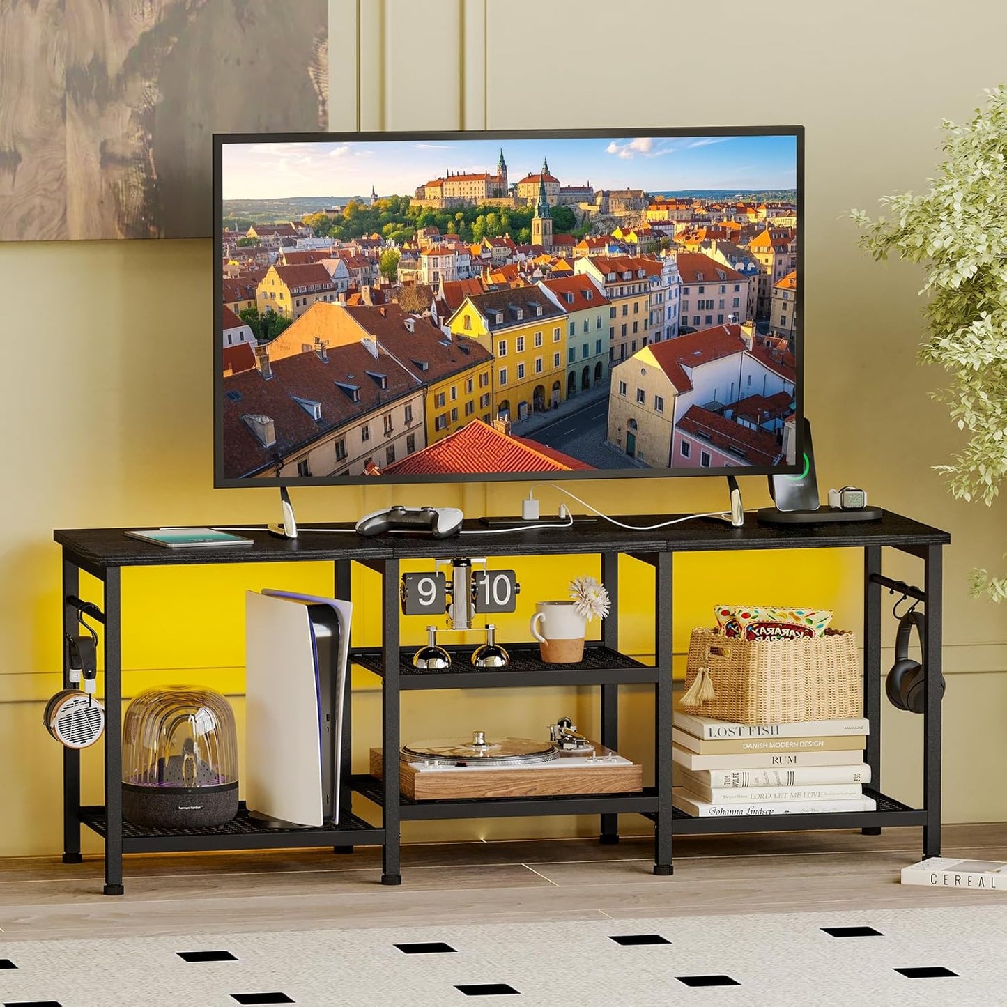 Black TV Stand Entertainment Center for 55 Inch Tvs, with Charging Station and Lights Open Storage Shelves, TV Media Console, Open Storage Shelf with Sound Rack for Living Room, Bedroom