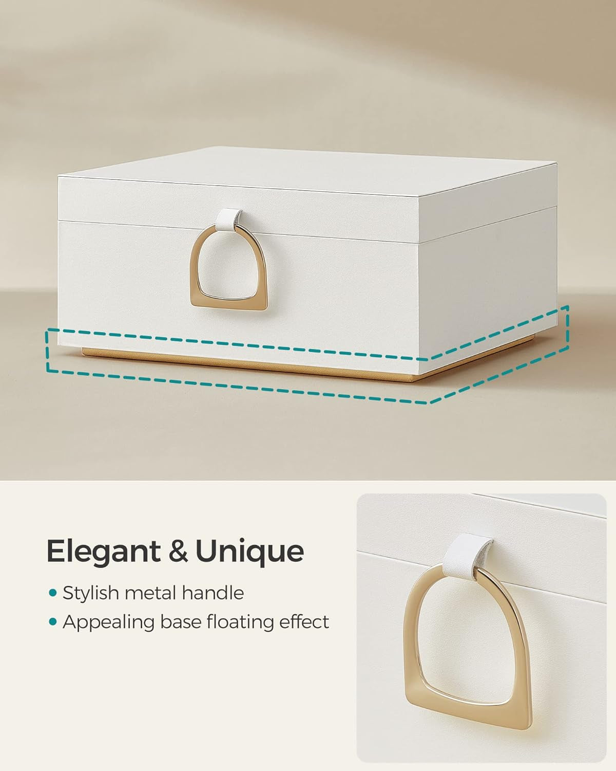 2-Layer Jewelry Box Bundle with Jewelry Holder, Jewelry Organizer with Handle, Floating Effect, Jewelry Display Stand with Metal Frame, White and Pale Gold UJBC165W01 and UJJS028A01