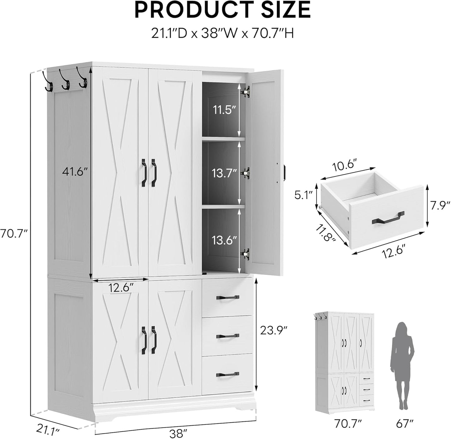 Wardrobe Closet with 5 Cabinet Doors and 3 Drawers, Large-Capacity Deep Armoire for Bedroom with 3 Side Hooks, Hanging Rod and anti - Tip Kit, White