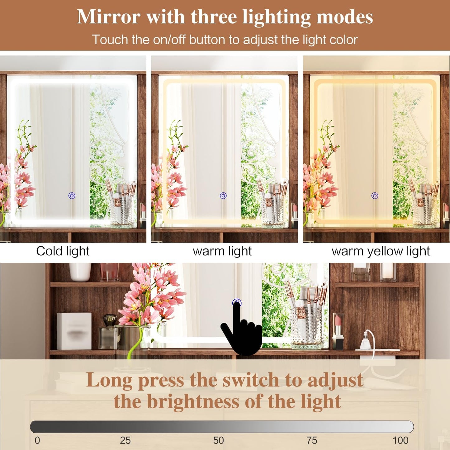 Makeup Vanity Desk with Mirror and Lights, Vanity Desk with 8 Drawers & Storage Shelves, Vanity Table with Power Outlet, 3 Color Modes & Adjustable Brightness Dressing Table, Bedroom,Brown