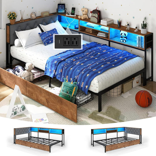 Twin Corner Bed Frame with Storage Bookcase and 2 Drawers, Twin Daybed with LED Lights and Charging Station, Upholstered Platform Bed with Headboard, Rustic Brown & Gray (Rustic Brown, Twin)