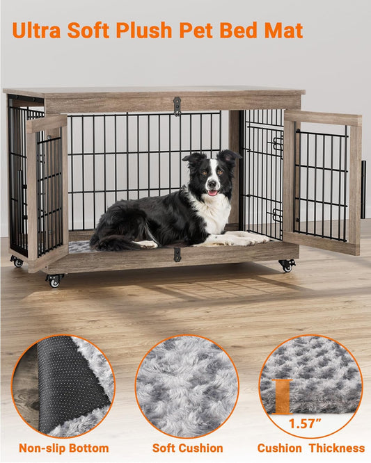 Dog Crate Furniture with Cushion, Large Wooden Dog Kennel Indoor with Double Doors, Dog Cage with Wheels, Dog House Side End Table for Large Medium Dogs up to 70 Lb, 38.5” L, Grey