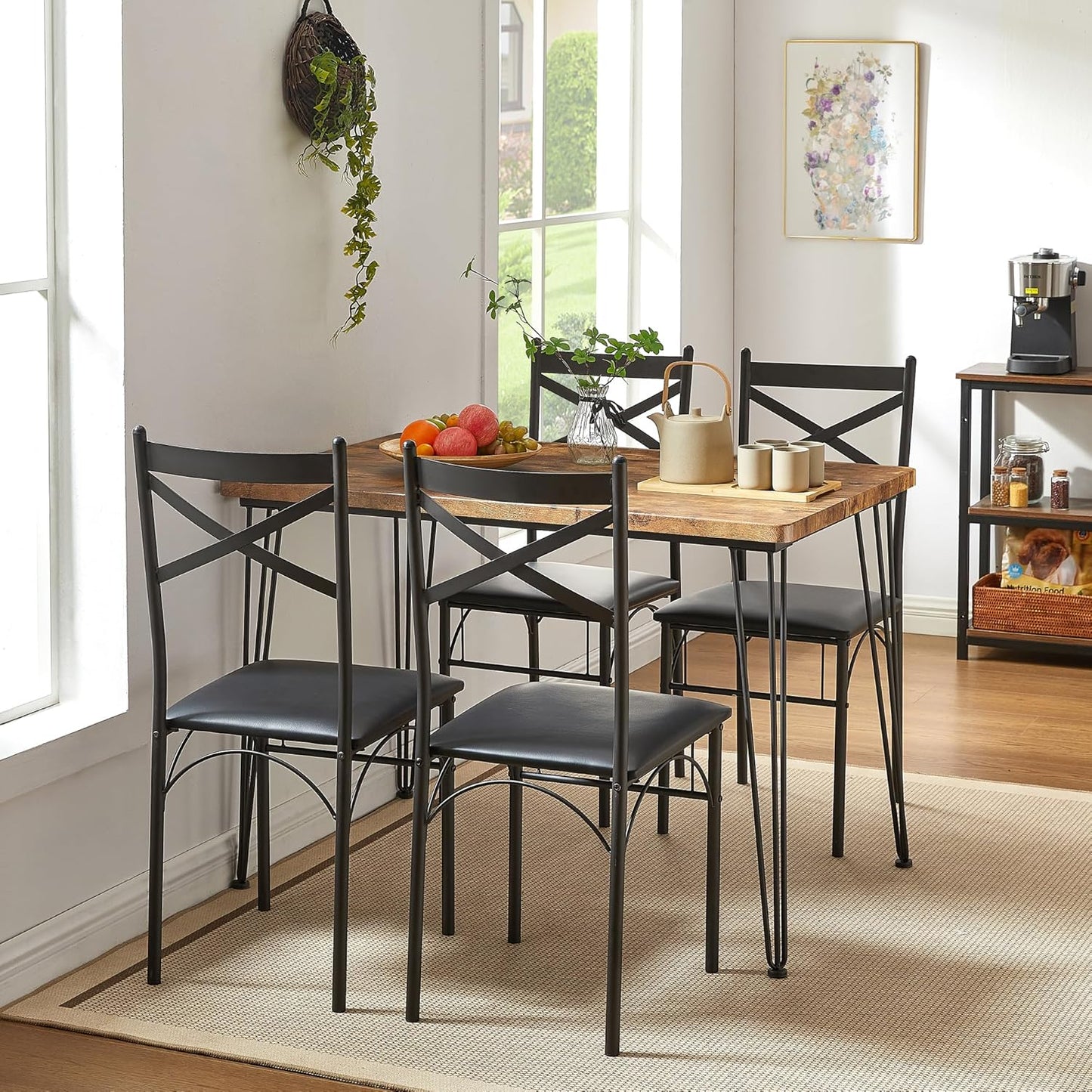 5-Piece Dining Table Set for Home Kitchen Small Space Breakfast Nook, 4 Faux Leather Metal Frame Chairs, Retro Brown