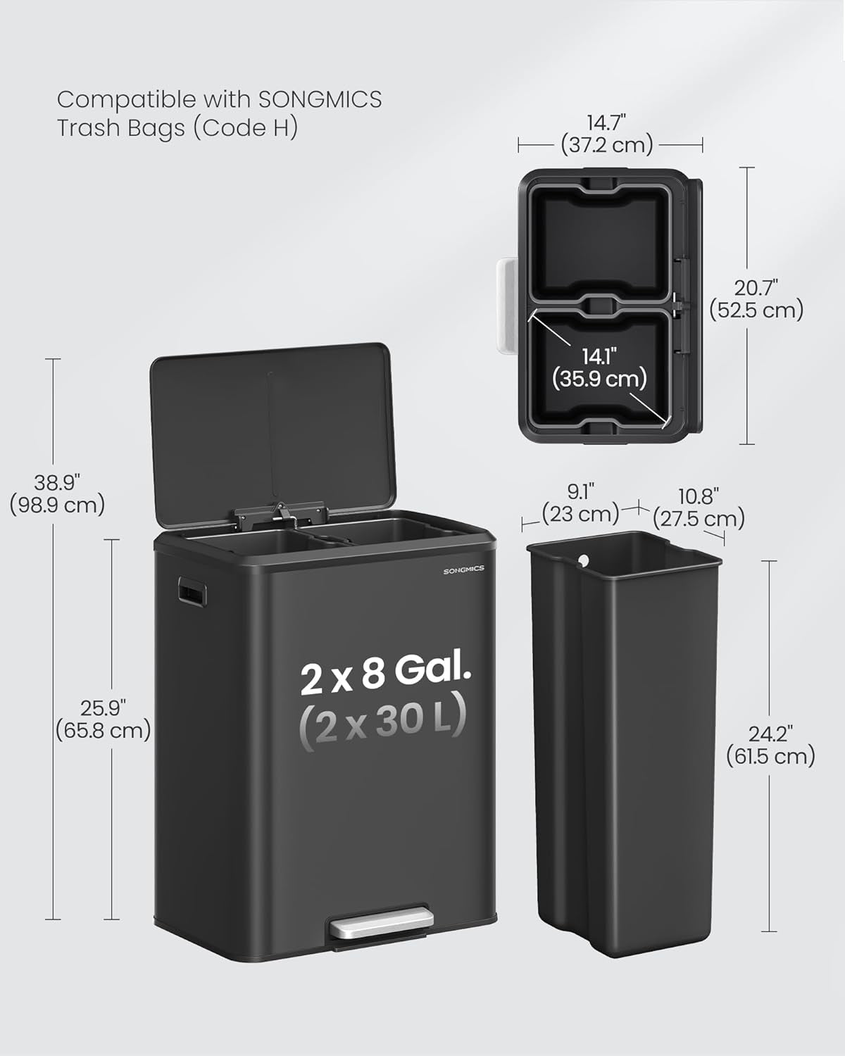 Ink black stainless steel double trash can with soft close lid, view 6