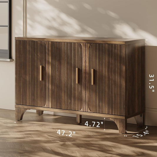 Mid Century Modern Buffet Cabinet with Storage, Accent Sideboard and Credenza with Fluted Doors, Wood Coffee Bar Console for Kitchen, Living Room (Walnut Brown, 47" 3-Door)
