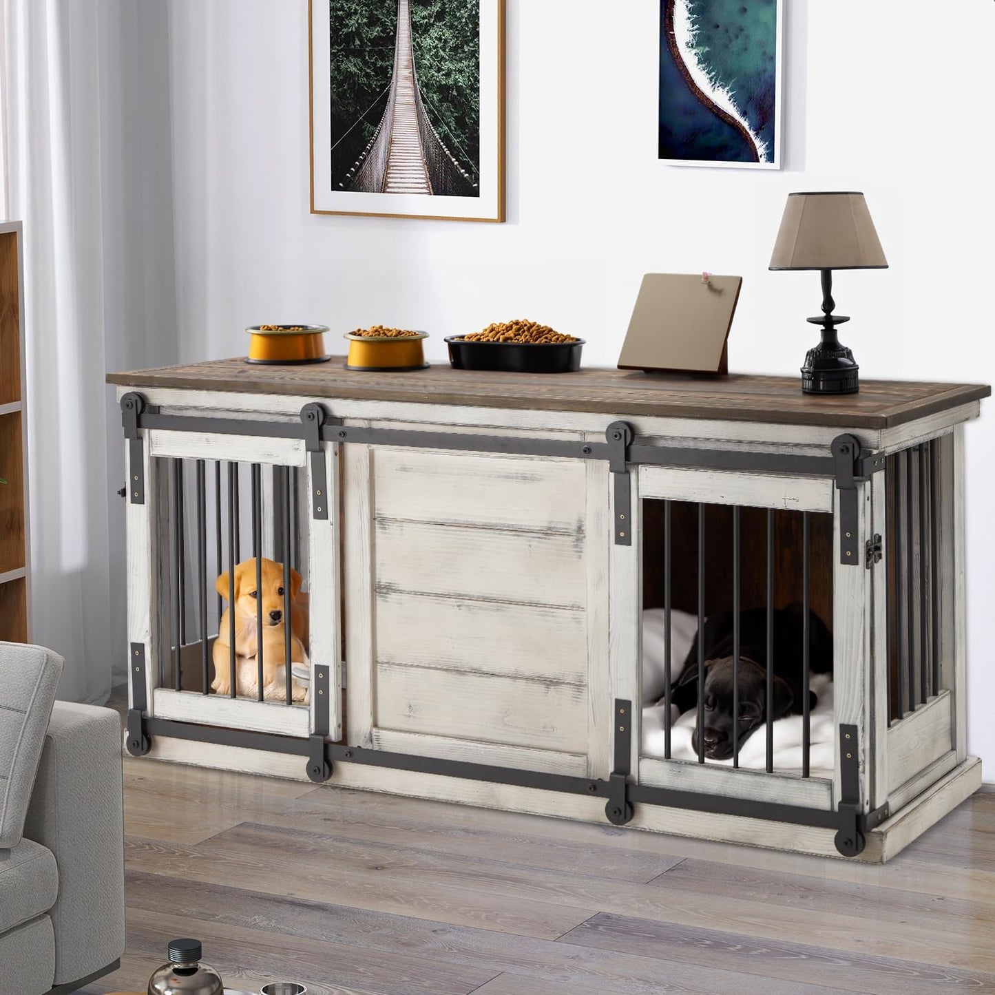 62.5'' Large Dog Crate Furniture, Solid Wood Furniture Style Dog Crate with Removable Divider, Bite Resistant Dog Kennel Indoor, Dog Cage with Sliding Barn Door Design(White)