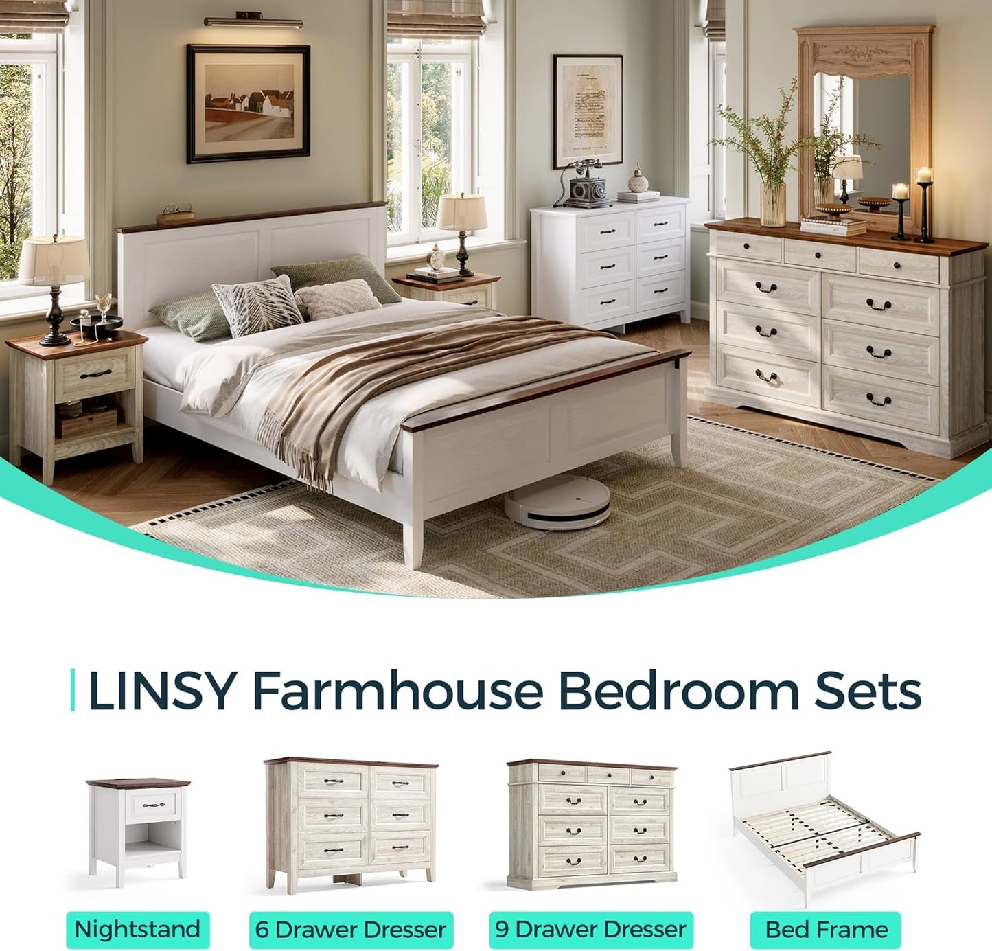 Farmhouse Bed Frame, Full Bedframe with Headboard and Footboard, Wooden Bed Frame with Solid Wood Slats, Rustic White Platform Bed Frames Full Size, No Box Spring Needed