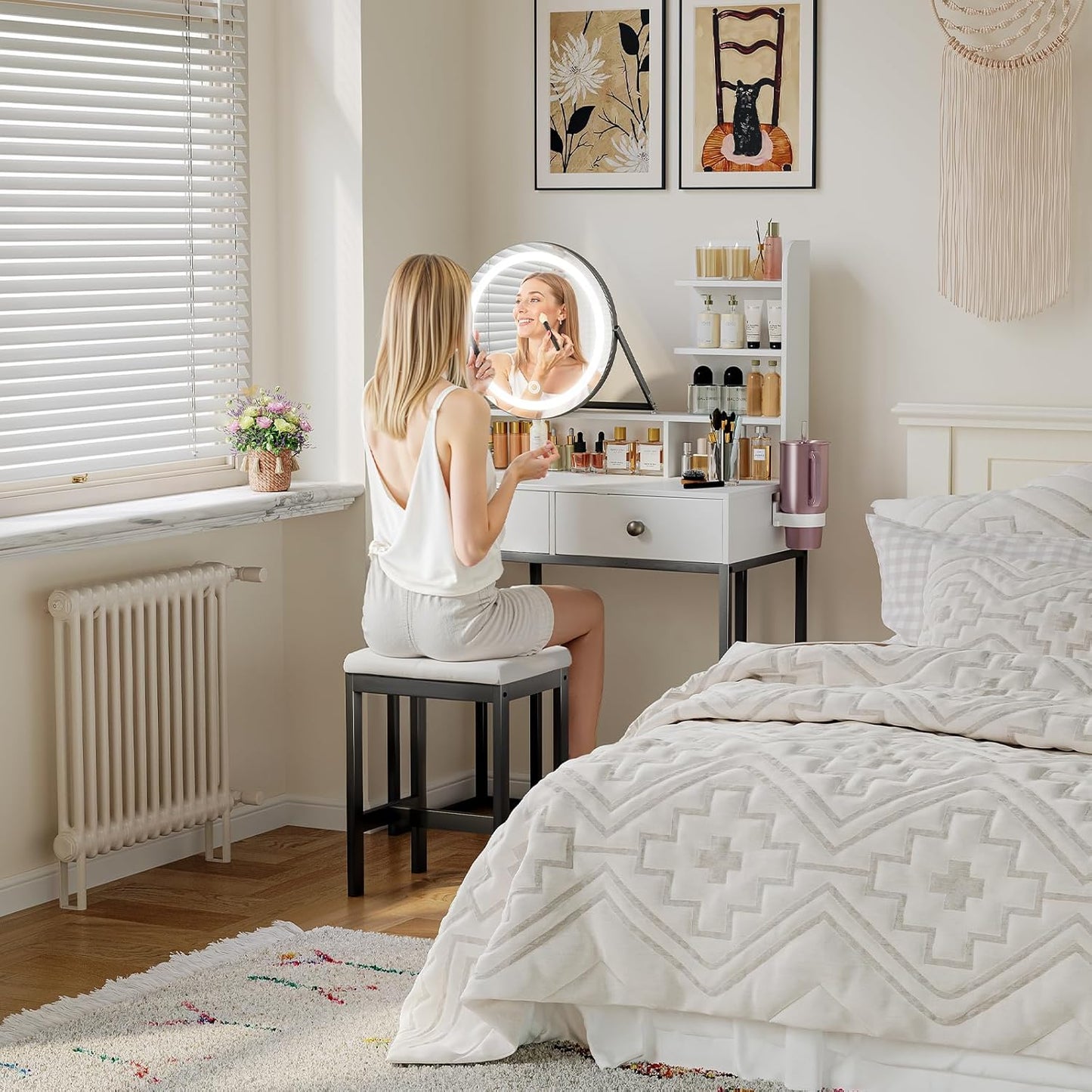 Small Desk with Mirror for Bedroom: Compact Makeup Table Set with Lights - 31.5 Inch White Dresser Vanities with Chair for Girls