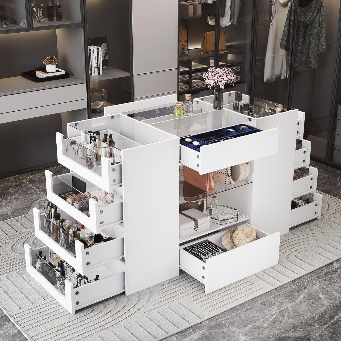 Closet Island with Drawers, Wardrobe Armoire Bedroom Island, Glass Display Shelf & 12 Drawers, White Dresser with Glass Top, Walk-In Closet Island for Bedroom, Cloakroom