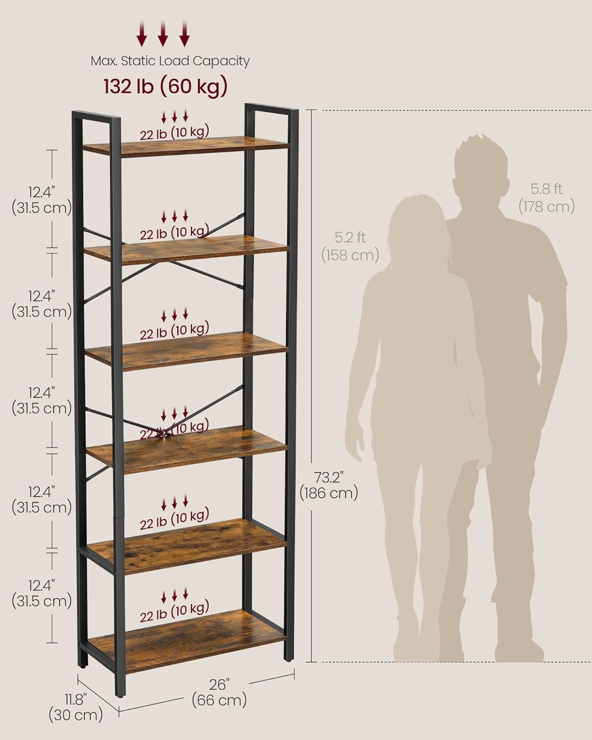 4-Tier Bookshelf, Bookcase with Steel Frame, Book Shelf for Living Room, Home Office, Study, 11.8 X 26 X 47 Inches, Industrial Style, Rustic Brown and Ink Black ULLS60BX