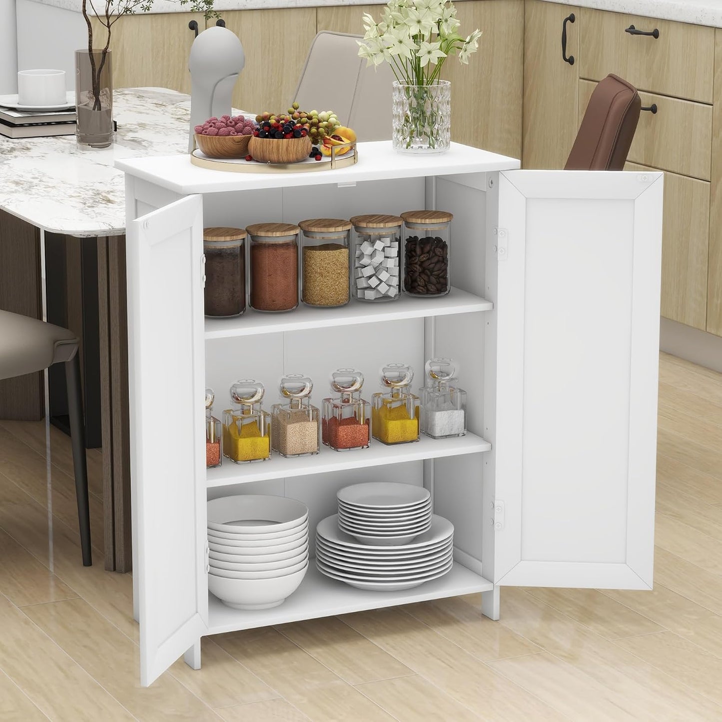 Bathroom Storage Floor Cabinet Freestanding Organizer with Adjustable Shelves for Bathroom Bedroom Laundry Room,4 Doors