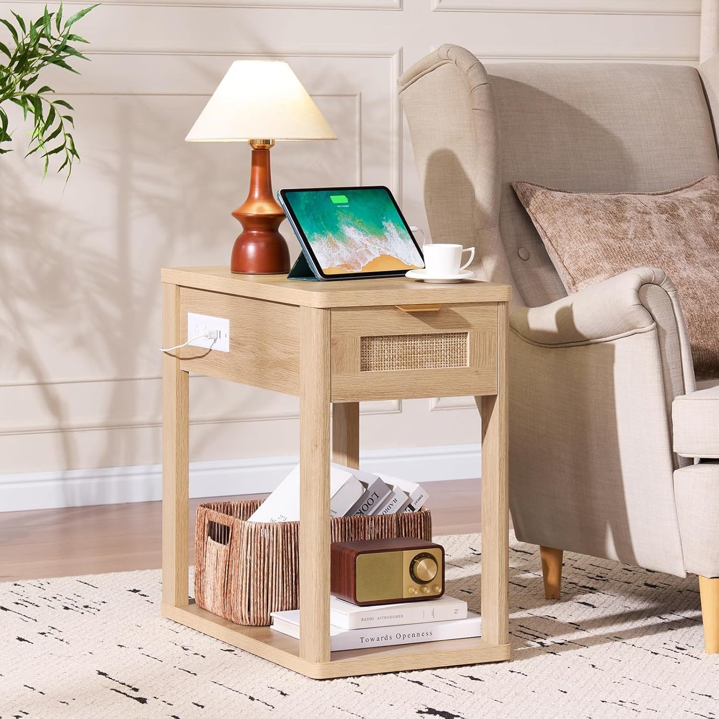 Narrow Side Table Set 2 with Charging Station,Rattan Night Stand with Drawer Storage,Natural Wood Bedside End Table with Metel Handle for Small Spaces,Boho Nightstand for Living Room Bedroom