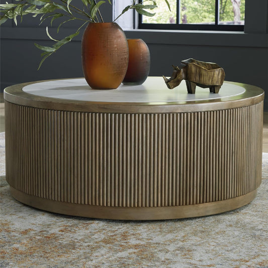 Camdill Casual Coffee Table with Faux Marble Tabletop and Casters, Light Brown & White