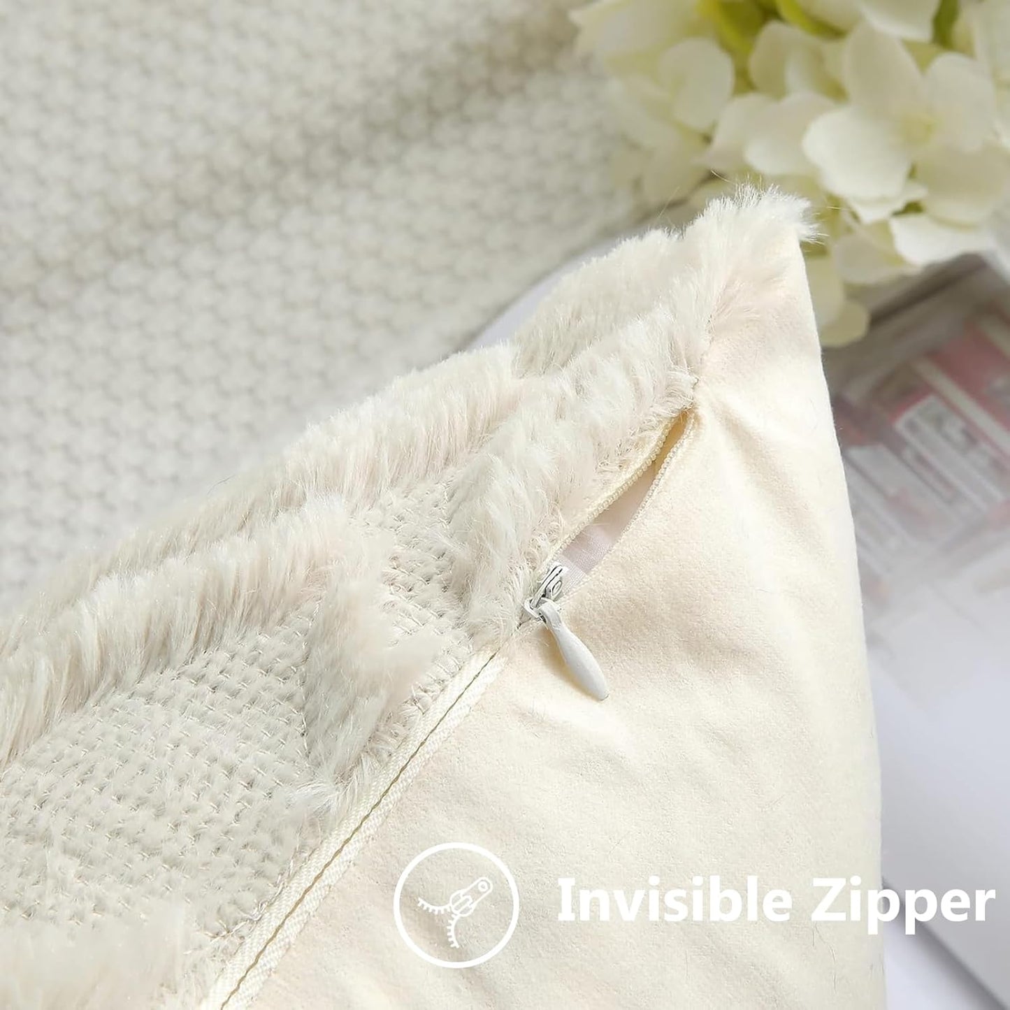 Fall Throw Pillow Covers 18X18 Inch Set of 2, Soft Plush Decorative Faux Fur Beige Solid Couch Pillow Covers, Accent Farmhouse Neutral Square Euro Pillow Cases for Sofa Bed Living Room