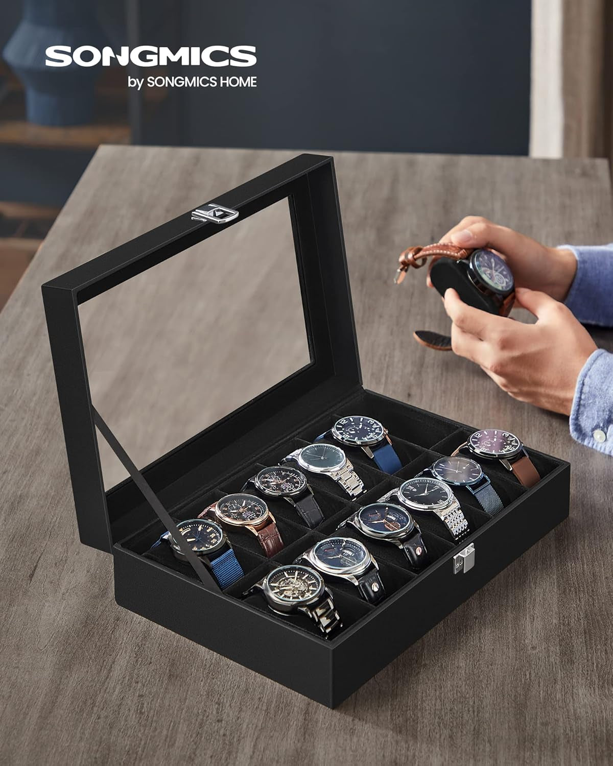 Watch Box Bundle, 12-Slot Watch Case with Glass Lid, Watch Holder with Removable Watch Pillow, Velvet Lining, Metal Clasp, Watch Display, Black UJWB12BK and UJWB012B01