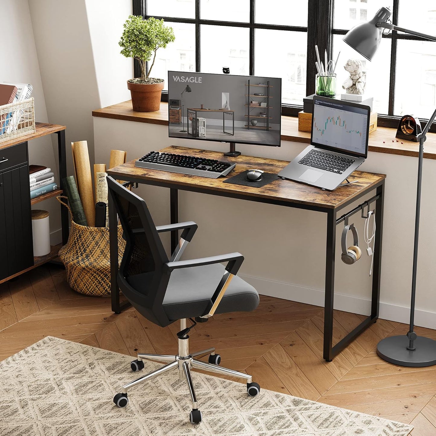 Computer Desk, Office Desk with 8 Hooks, for Study, Home Office, Easy Assembly, Industrial Design, 47.2 X 23.6 X 29.5 Inches, Walnut Brown and Black ULWD058B08