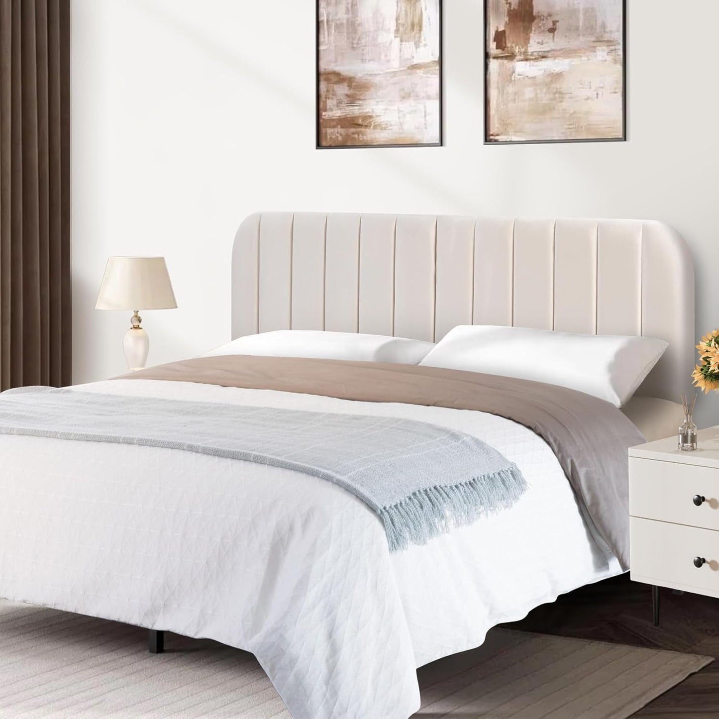 Upholstered Headboard - Striped Interval - Adjustable Height - Metal Legs - Bed Frame (Beige, Queen (U.S. Standard))