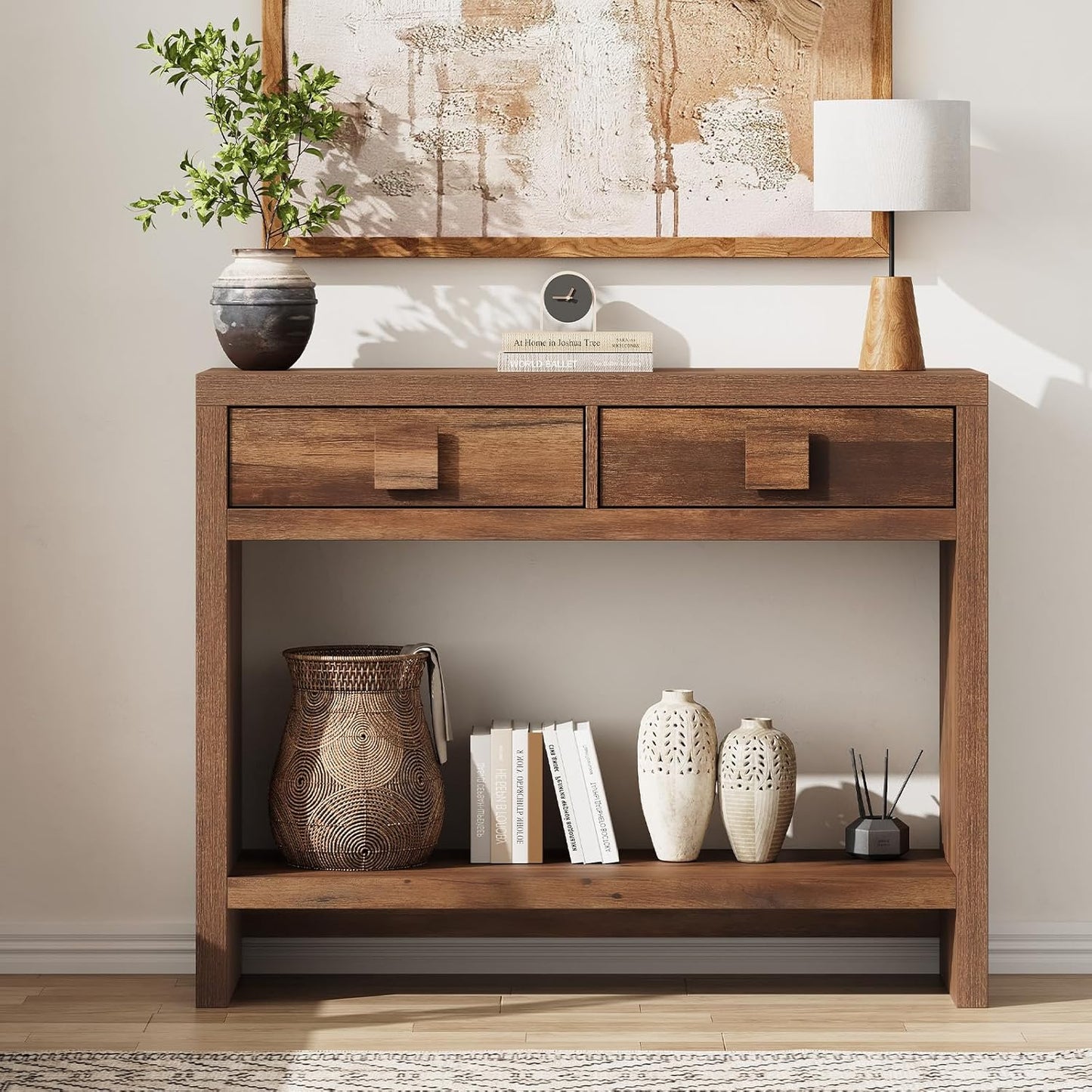 Console Table with Drawers, 40 Inch Narrow Entryway Table with Open Storage Shelves, Mid Century Modern Hallway Accent Tables behind Couch Table for Living Room (Vintage Brown)