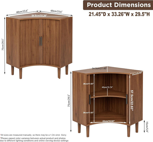 Fluted Corner Cabinet, Small Corner Floor Cabinet with Sliding Doors and Adjustable Shelves, Modern Wooden Freestanding Narrow Storage Organizer for Small Space, Living Room, Dining Room, Bathroom
