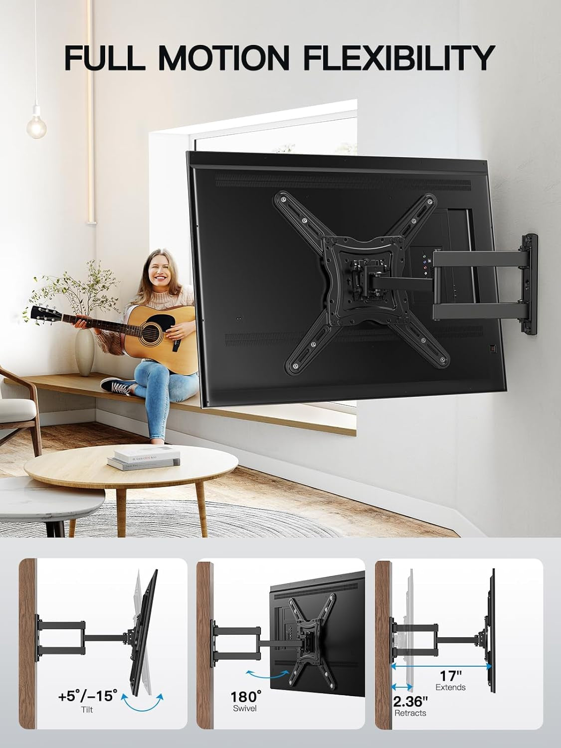 Full Motion TV Wall Mount for 26-60 Inch Flat or Curved Tvs up to 77 Lbs, TV Bracket Wall Mount with Articulating Arms, Extension, Tilt, Swivel, Leveling, Max VESA 400X400Mm, PIMF7