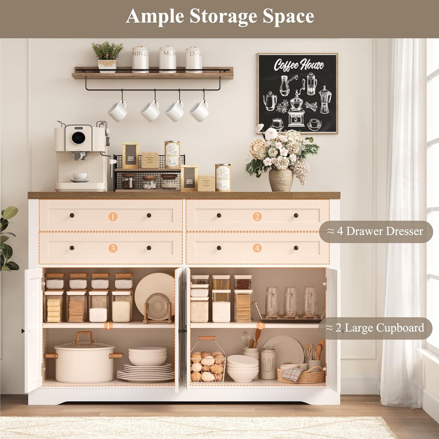 55" Coffee Bar with 4 Large Drawers, 40" Tall Buffet Cabinet with Storage, Kitchen Storage Cabinet, Modern Farmhouse Sideboard Buffet, Adjustable Shelves for Living Room, White