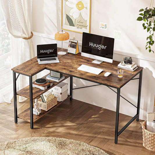 47 Inches L Shaped Desk, Computer Desk with Reversible Storage Shelves, for Gaming Corner Home Office Writing Study, Metal Frame, Rustic Brown