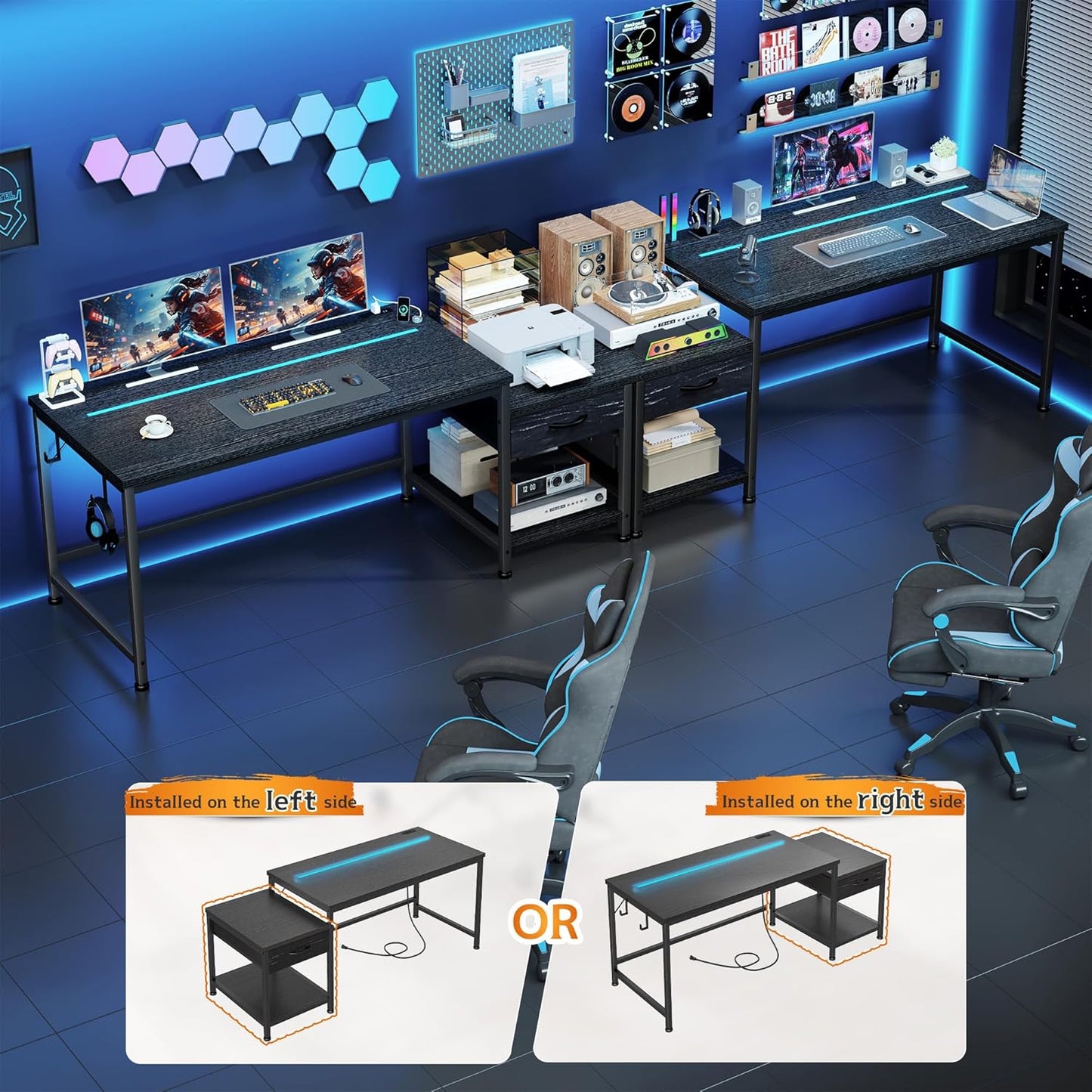 56 Inch Gaming Desk with Drawers and Shelf,Reversible Computer Desk with LED Lights and Power Outlets,Study Table with Hooks for Headphone,Bags,Black Desk Work Desk for Bedroom,Dorm