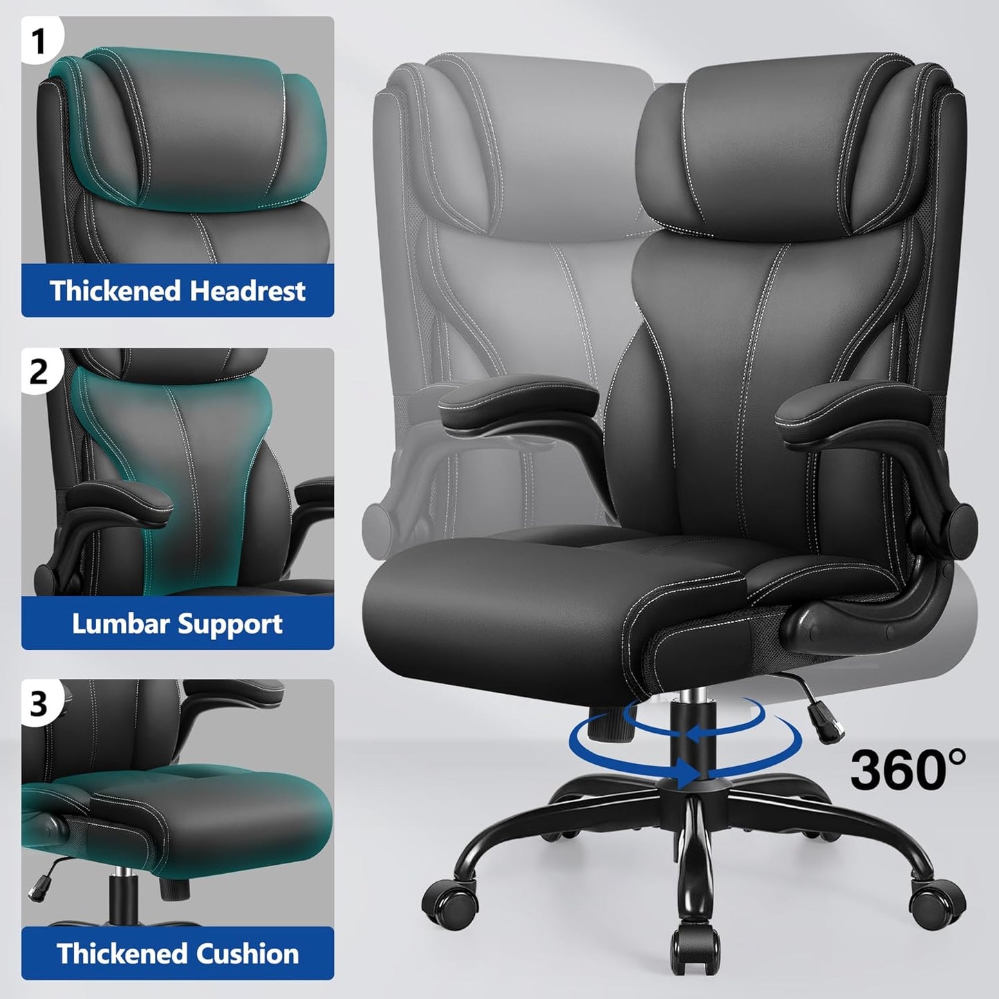 PU Leather Executive Office Chair, Ergonomic High-Back Computer & Gaming Chair with Adjustable Height, Rolling Swivel & Flip-Up Armrests, Comfy Padded Seat for Home Office-Black