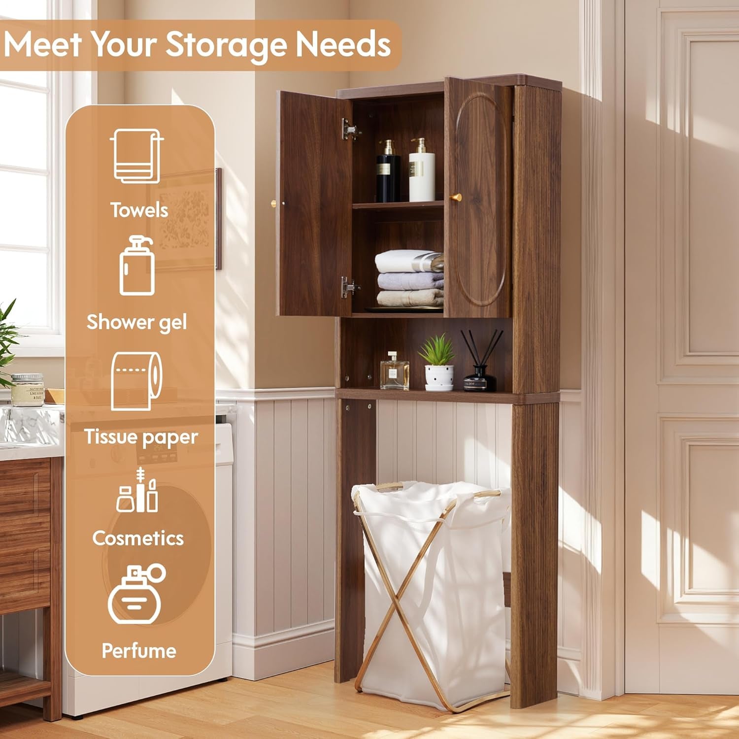 Fluted over the Toilet Storage Cabinet, Bathroom Toilet Storage Cabinet with Door, Wood Curved over the Toilet Space Saver Cabinets for Restroom Bathroom, Natural