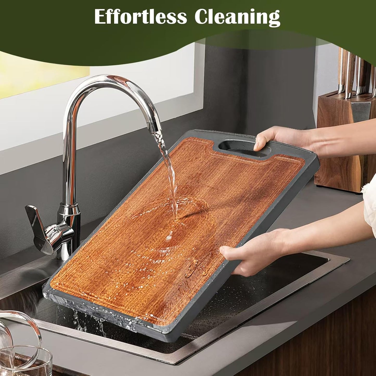 Titanium Cutting Board Double Sided, 15” Wood Cutting Board for Kitchen, GR1 Titanium & Ebony Large Chopping Board for Meat with Juice Groove for Meat & Veggies