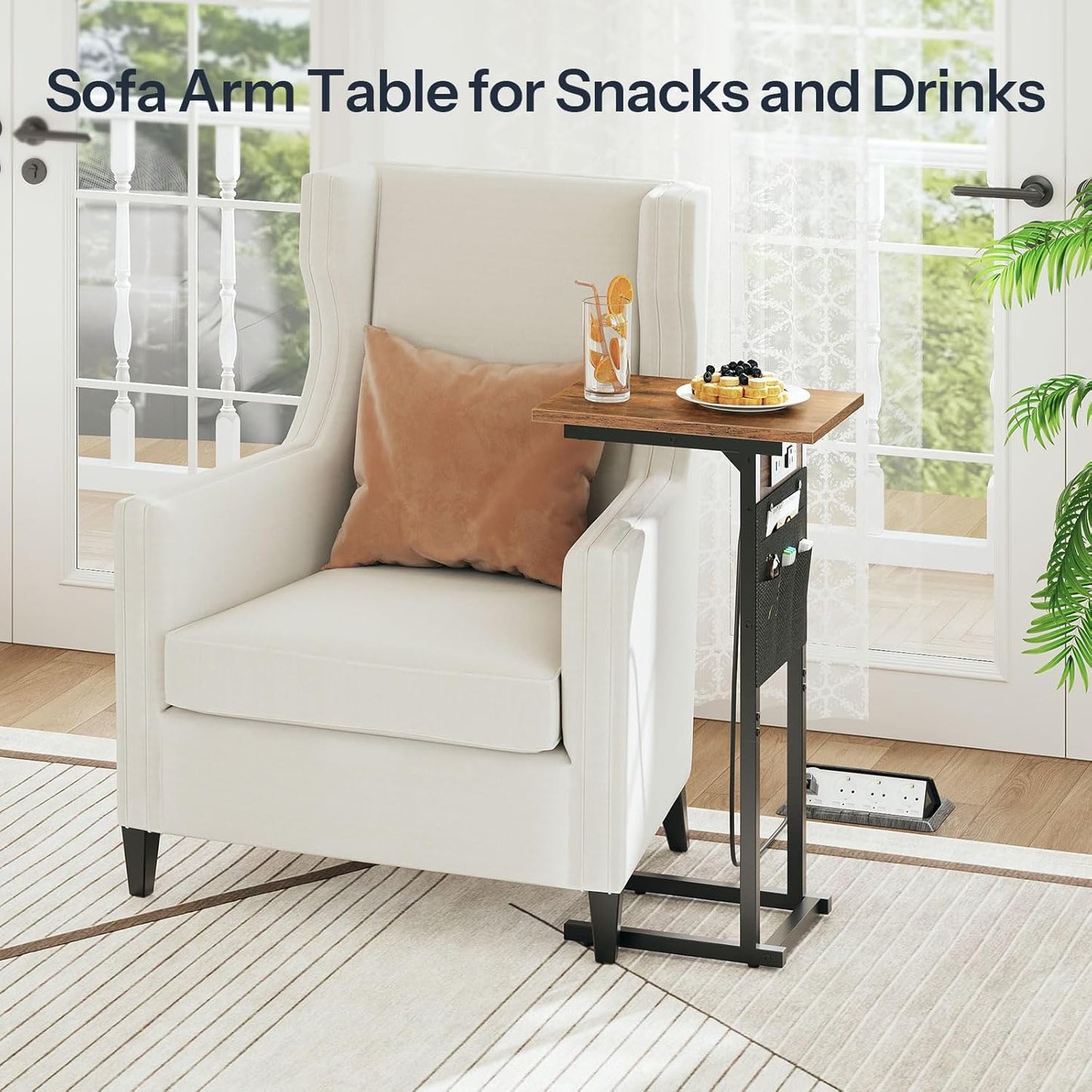 C Shaped Side Table with Charging Station, Slide under Couch Table, 27.8" Tall Side Table for Sofa Arm with Fabric Storage Pocket, for Living Room, Bedroom, Greige BG73USF01