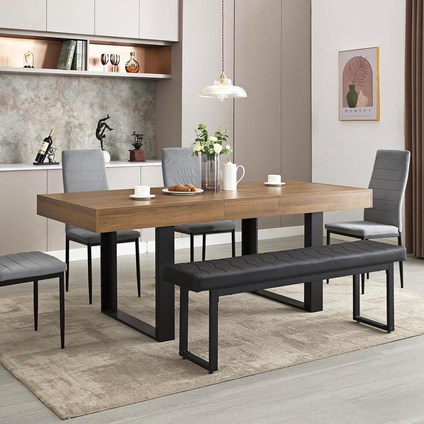 63”-79” Extendable Dining Room Table, Modern Farmhouse Wooden Kitchen Table, Long Expandable Dining Table for 6 8 10, Large Expanding Tables Conference Tables (Walnut Brown)