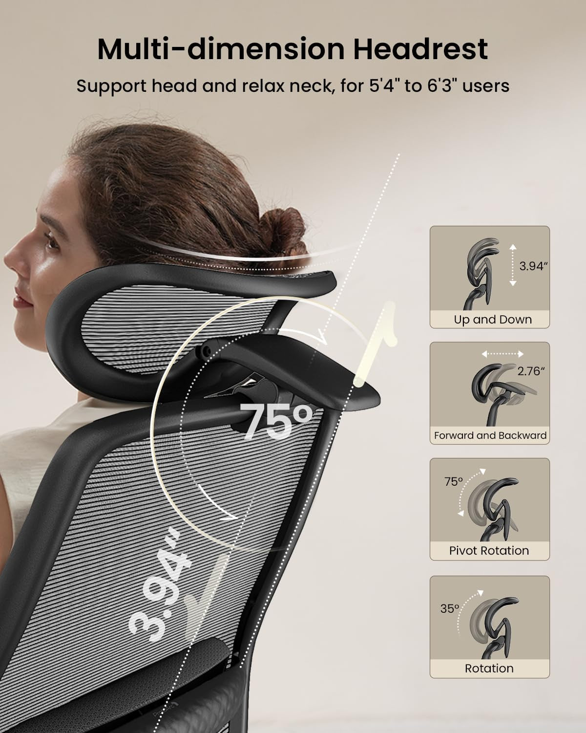 Ergonomic Office Chair – EC200 High-Back Mesh Computer Chair with Lumbar Support, 3D Adjustable Headrest & Sliding Seat for 8+ Hour Comfort, Big & Tall Home Office Desk Chairs - Black