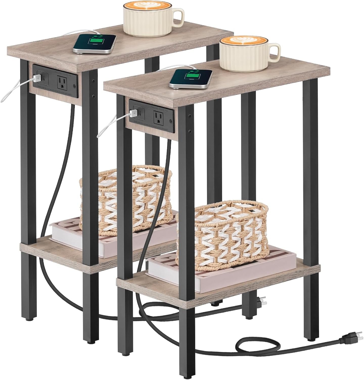 Small End Table with Charging Station, Set of 2, Narrow Side Table with USB Port and Outlets, Skinny Sofa Table, Slim Nightstand, Living Room, Bedroom, Greige and Black BG240UBZP201
