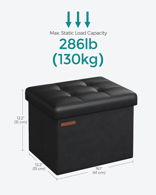 Small Folding Storage Ottoman, Foot Rest Stool, Cube Footrest, Synthetic Leather, 12.2 X 16.1 X 12.2 Inches, 286 Lb Capacity, for Living Room, Bedroom, Dorm, Ink Black ULSF100B01