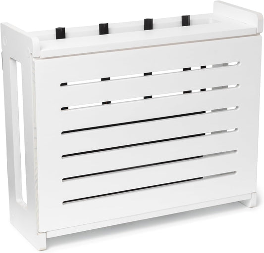 Wooden Wifi Router Storage Box - Standard Wall Mountable Decorative Modem Shelf Hider Cover with Cable Management System - Rustic Home Organization Solution for Most Routers up to 11" Tall - White