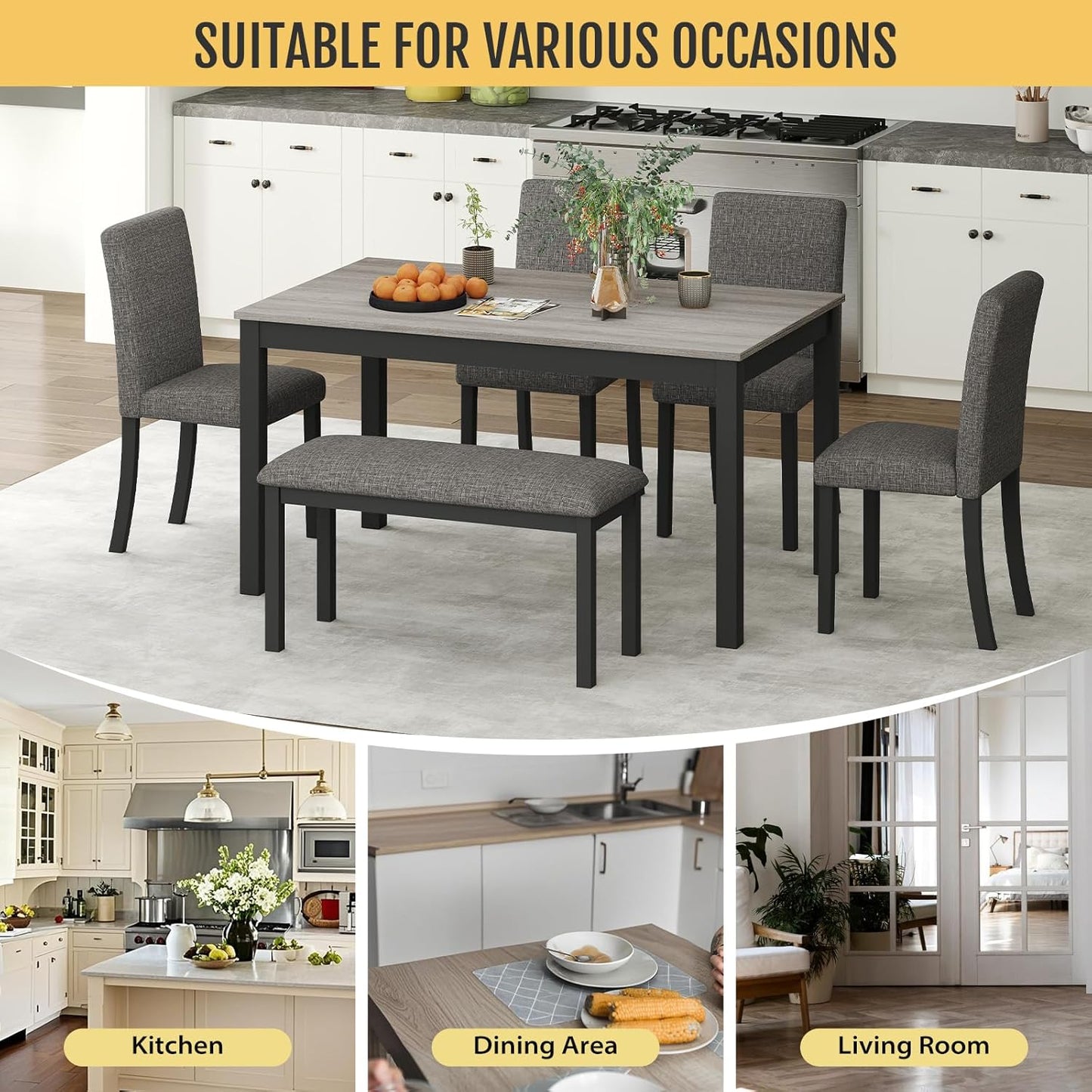 6-Piece Solid Wood Dining Table Set, Including 1 Dining Table, 4 Upholstered Chairs and 1 Bench, Wooden Legs Dining Table Set for Dining Room, Kitchen, Restaurant, Dark Grey