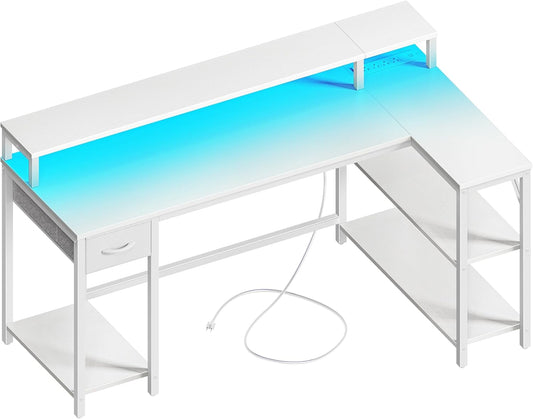 53 Inch Reversible L Shaped Desk with LED Lights & Power Outlets, Computer Desk with Shelves & Monitor Stand, Gaming Desk with Drawer, Home Office Desk Corner Desk, PU White Drawer