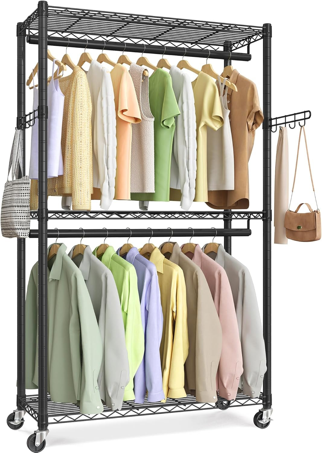 Heavy-Duty Clothes Rack, Garment Rack, Portable Closet, 68.7-Inch Wide Clothing Rack with Adjustable Mesh Shelves and Hanging Rails, Ink Black ULGR433B01