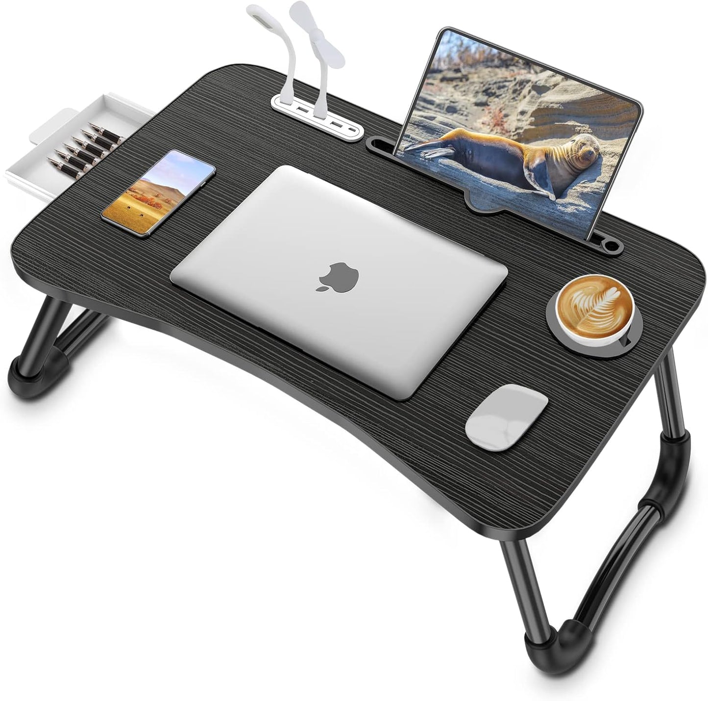 Foldable laptop lap desk with USB ports, storage drawer and cup holder, view 8