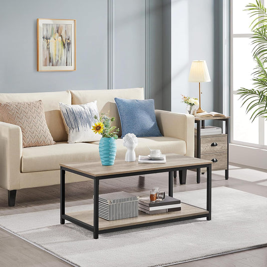 39.5" 2-Tier Coffee Table with Storage Shelve, Industrial Gray Coffee Table, Easy Assembly, Wooden Center Tables for Living Room & Small Space, Gray