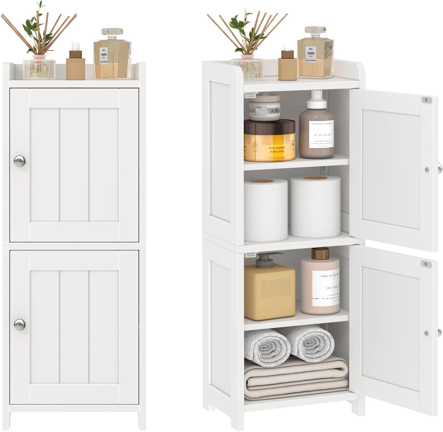 Small Bathroom Storage Cabinet, 30" Tall Freestanding Corner Floor Cabinet with opposite Doors & 5 Shelves (2 Adjustable), Narrow Toilet Paper Holder Organizer for Small Spaces, White