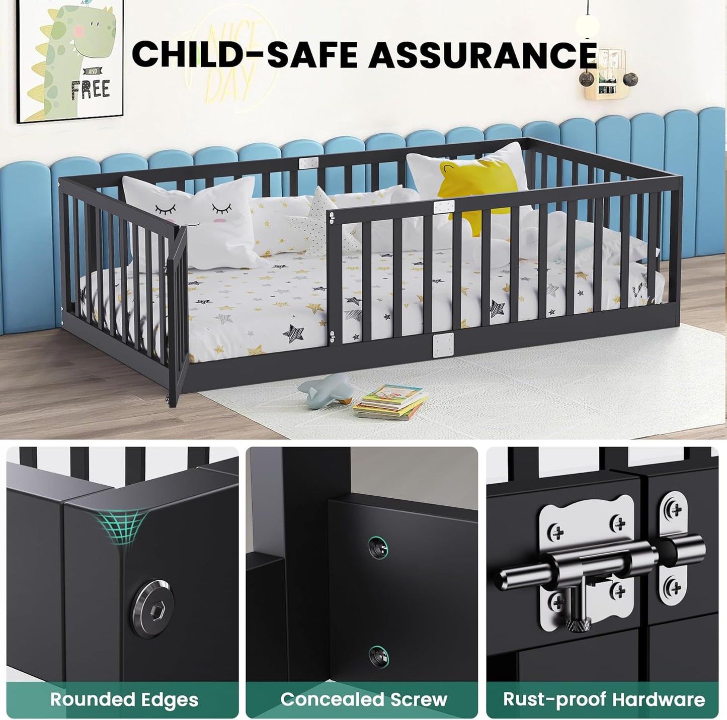 Twin Size Floor Bed for Kids Wooden Toddler Floor Bed Frame Safe Comfortable Baby Floor Bed for Children,Black,40.9"*77.5"(Mattress Not Included)